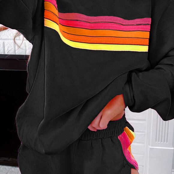 Black Striped Accent Pullover and Shorts Two Piece Casual Set - Picture 4 of 4